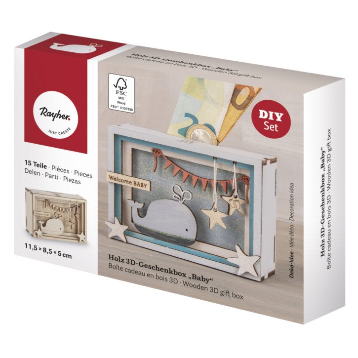 Holz 3D Geschenkbox Baby, 11,5x8,5x5cm, 15tlg. Bausatz, Box 1Set, natur