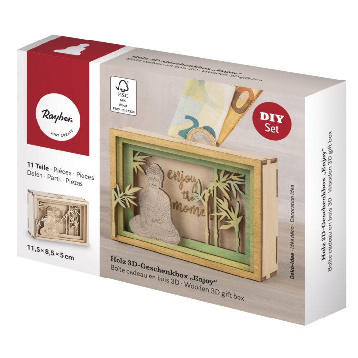 Holz 3D Geschenkbox Enjoy, 11,5x8,5x5cm, 11tlg. Bausatz, Box 1Set, natur