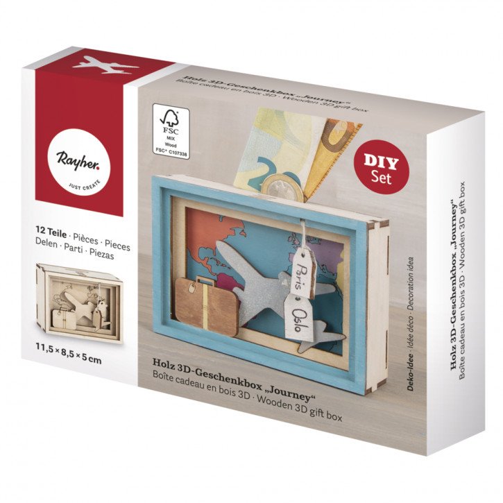 Holz 3D Geschenkbox Journey, 11,5x8,5x5cm, 12tlg. Bausatz, Box 1Set, natur