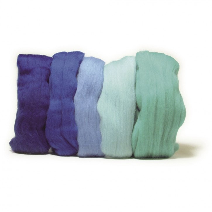 Merino-Kammzug, superfein 19 mic, 5x10g sortiert, SB-Btl 50g, Blau-Töne