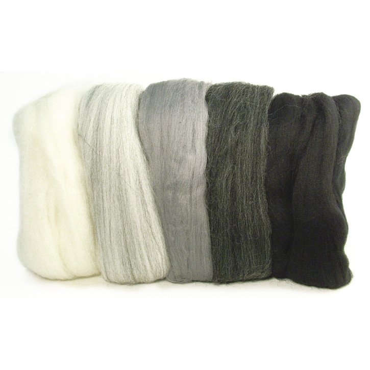 Merino-Kammzug, superfein 19 mic, 5x10g sortiert, SB-Btl 50g, Grau-Töne