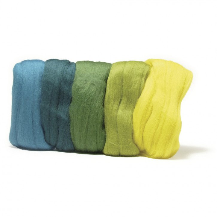 Merino-Kammzug, superfein 19 mic, 5x10g sortiert, SB-Btl 50g, Grün-Töne