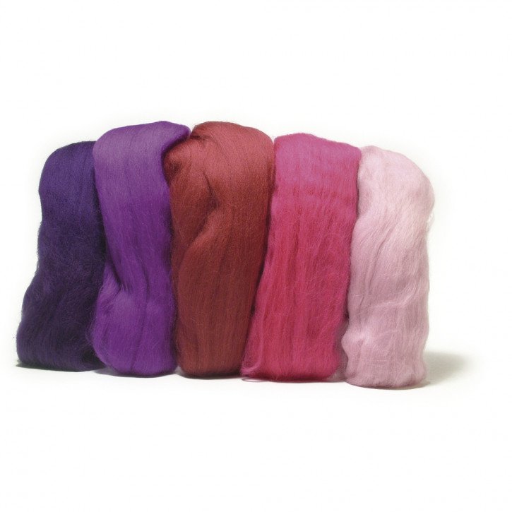 Merino-Kammzug, superfein 19 mic, 5x10g sortiert, SB-Btl 50g, Violett-Töne