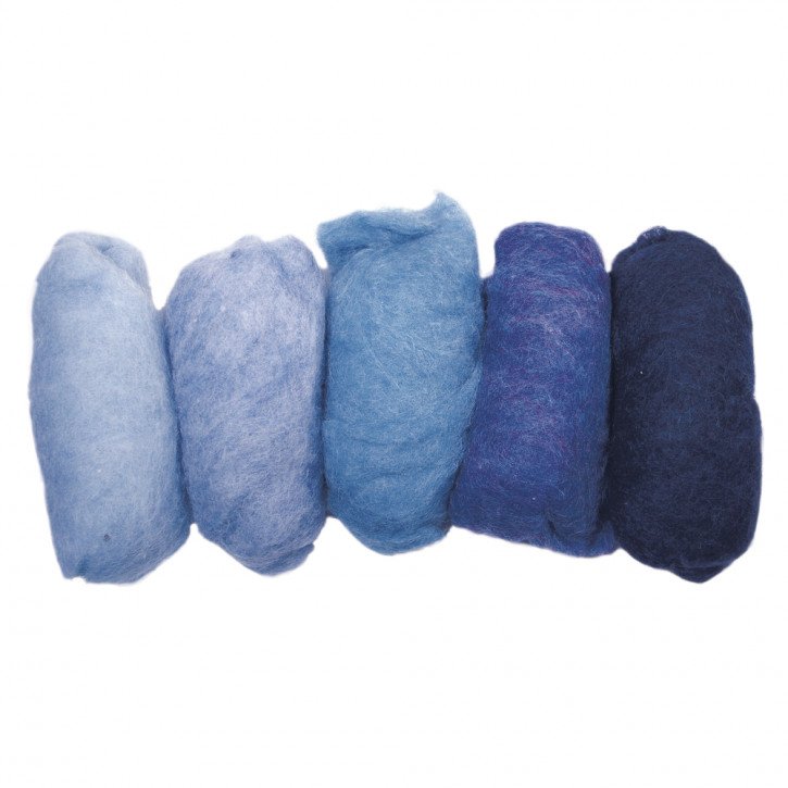 Reine Schurwolle/Vlies,meliert 5 Farben à 20g, Blau-Töne