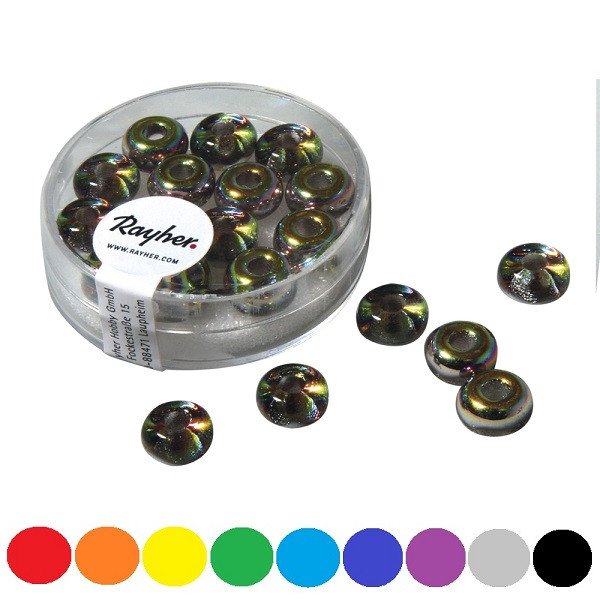 Glas-Großlochradl,transp.metallic, 9mm Loch 3mm, Dose 14Stück